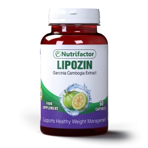 A bottle of Nutrifactor Lipozin weight management capsules.