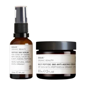 Skincare serum and cream with peptides in amber and black containers.