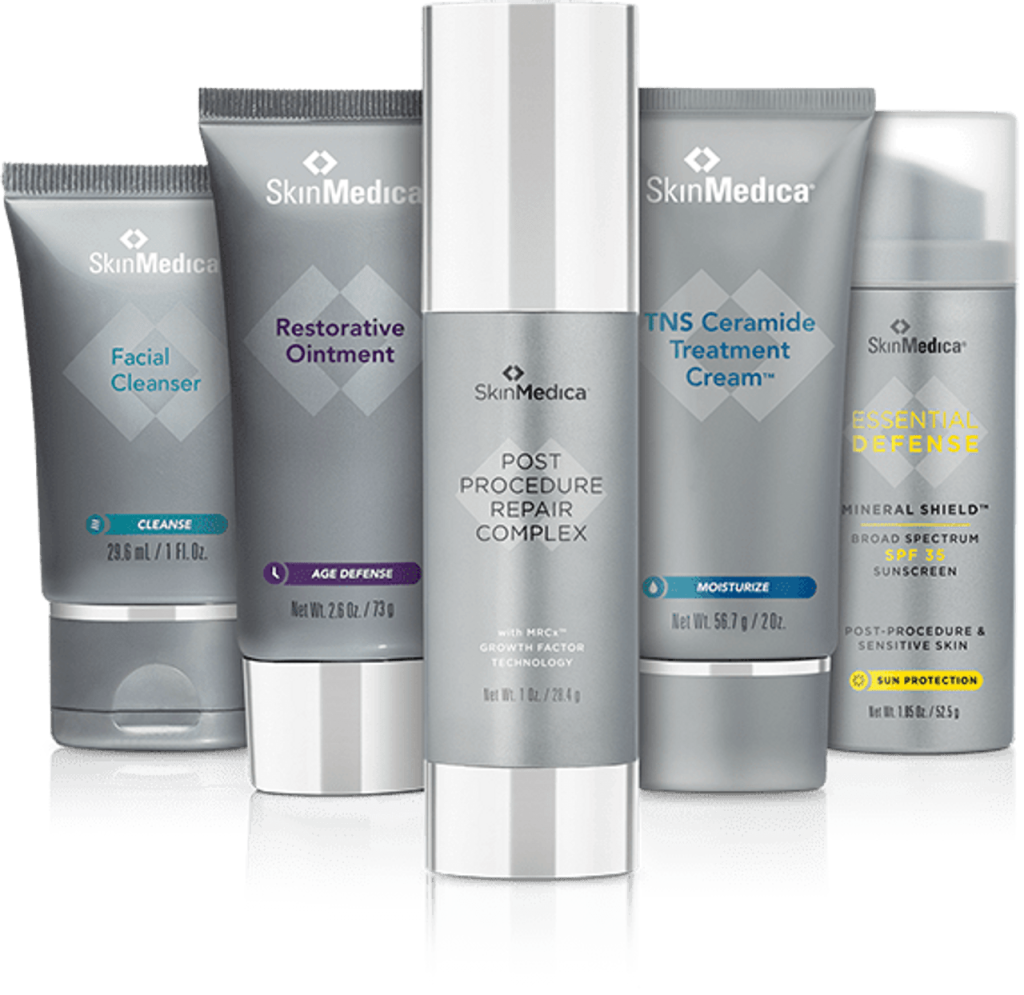 Five skincare products from SkinMedica arranged in a group.