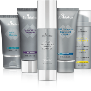 Five skincare products from SkinMedica arranged in a group.