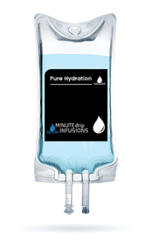 IV bag labeled 'Pure Hydration' from Minute Drip Infusions.