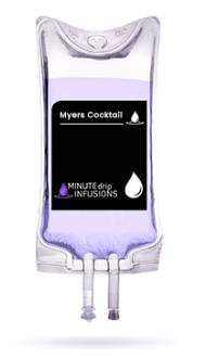 A purple IV drip bag labeled Myers Cocktail for minute drip infusions.