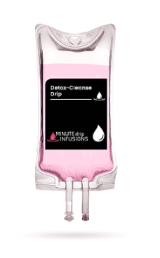 IV bag labeled Detox-Cleanse Drip with pink liquid inside.