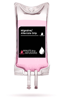 IV bag labeled for migraine and alcohol-related treatment with pink fluid.