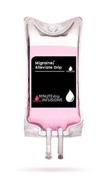 A pink IV drip labeled 'Migraine/Alleviate Drip' from Minute Drip Infusions.