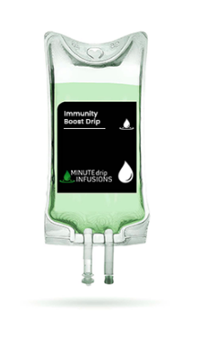 IV bag labeled Immunity Boost Drip with Minute Drip Infusions logo.