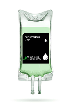 IV bag labeled 'Performance Drip' from Minute Drip Infusions.