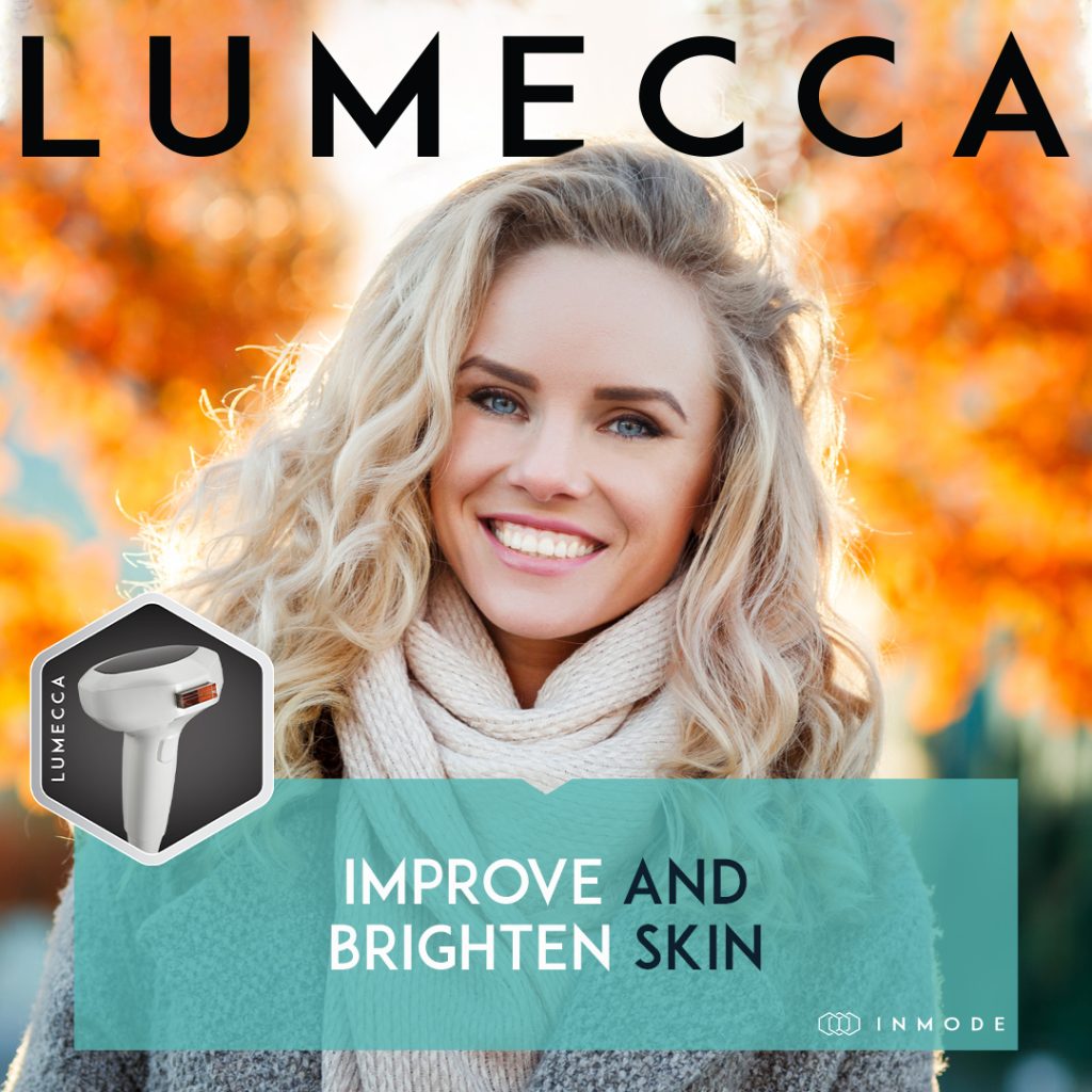 Smiling woman with glowing skin and autumn leaves background.