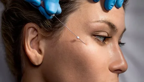 Close-up of a cosmetic needle injection on a woman's face.
