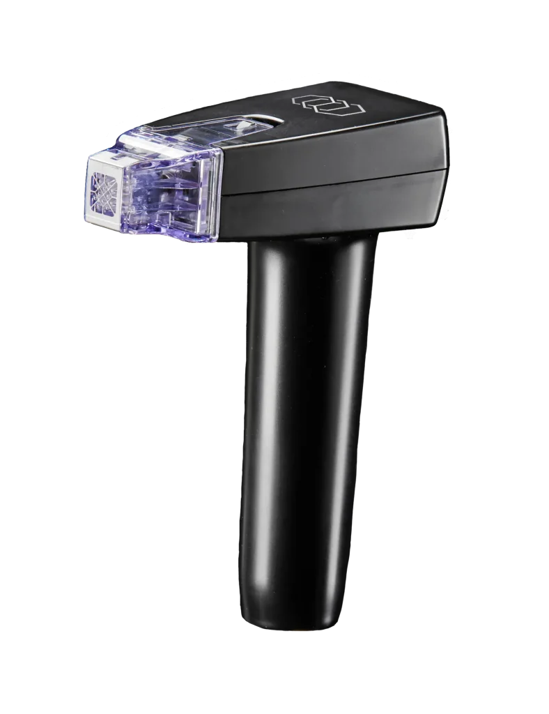 A handheld black barcode scanner with a transparent scanning window.