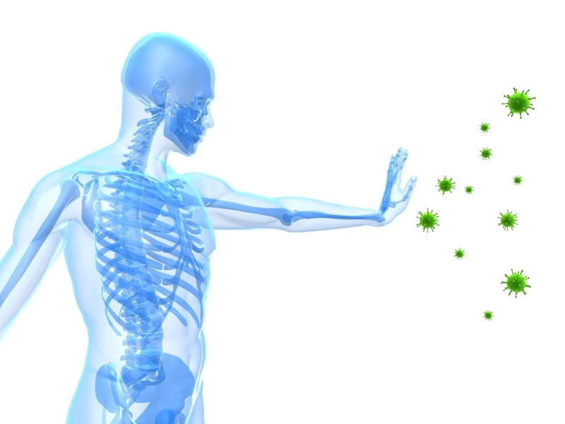 Transparent human skeleton blocking viruses with an outstretched hand.